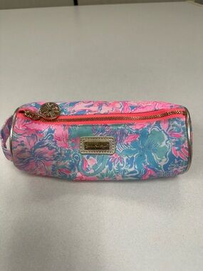 Lilly Pulitzer Pink & Blue Floral Zip Cosmetic Case with Gold Accents